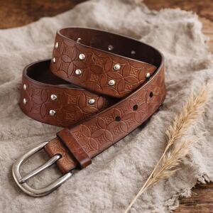 Fossil Brown Embossed Leather Studded Belt Silver Tone Western Boho Size Large